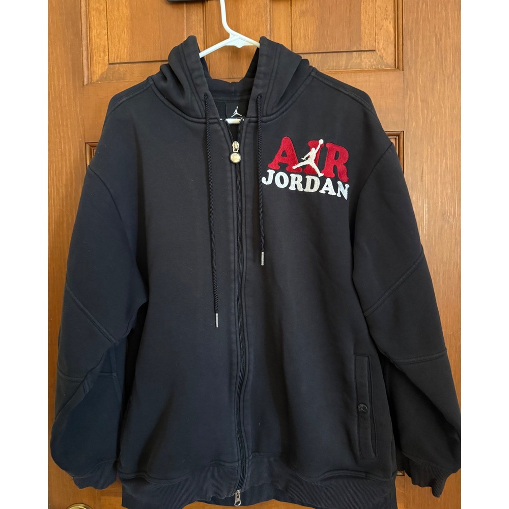 Air Jordan Embroidered Full-Zip Hoodie Mens Small Black‎ Fleece-Lined Sweatshirt